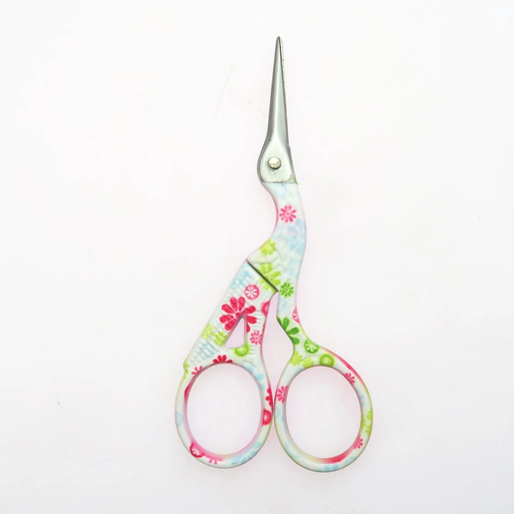 Retro Floral Pattern Stainless Steel Embroidery Scissors Crane Shape Sewing Needlework Tool