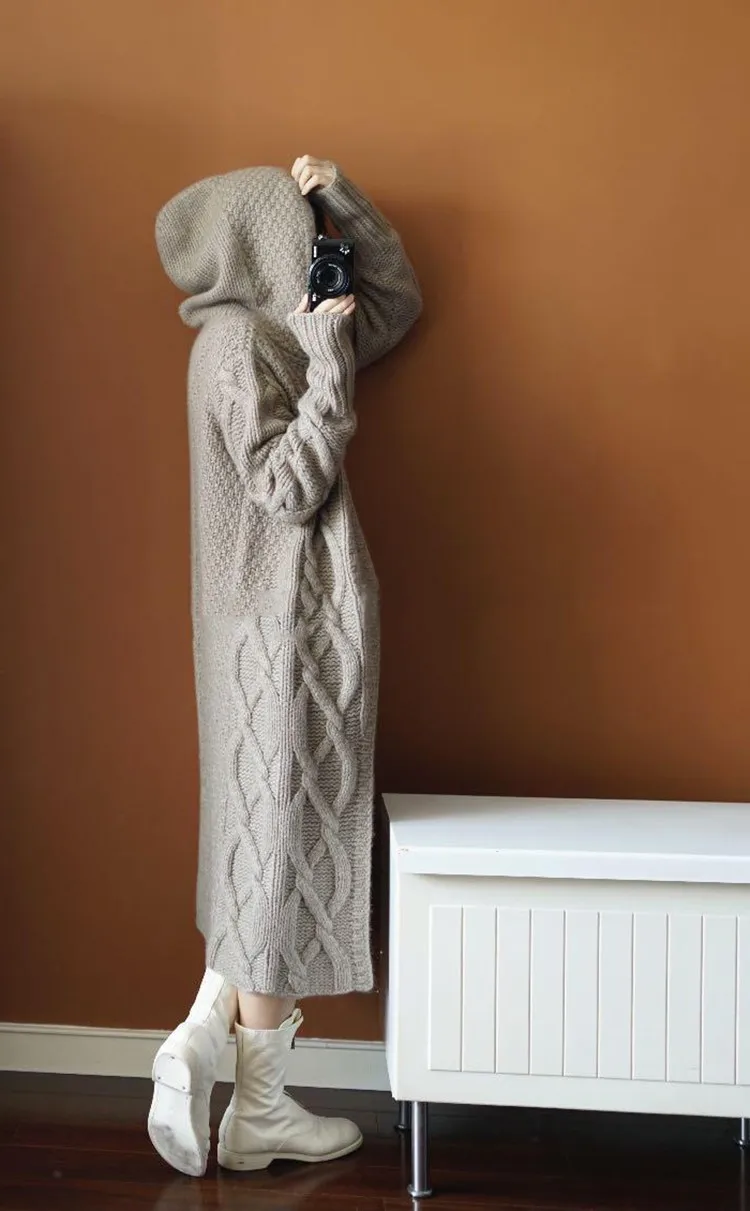 Xnxee2019 Европейский женский осенний зимний длинный вязаный Тренч с капюшоном, женский корейский модный шерстяной толстый ветровка, свитер, пальто