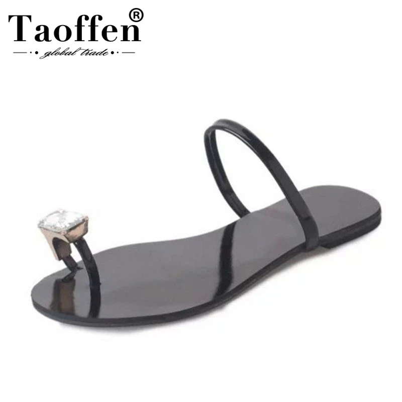 

TAOFFEN Fashion Women Summer Flats Sandals Crystal Solid Color Flats Slippers Beach Leisure Shoes Women Footwear Size 35-39