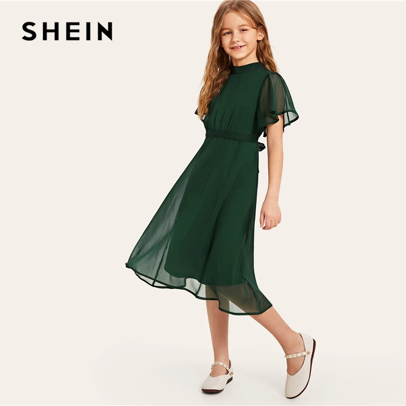 SHEIN/Детские вечерние платья зеленого цвета с разрезом на спине и поясом для девочек; коллекция года; летние платья с рукавами-бабочками; милые детские платья с расклешенными рукавами