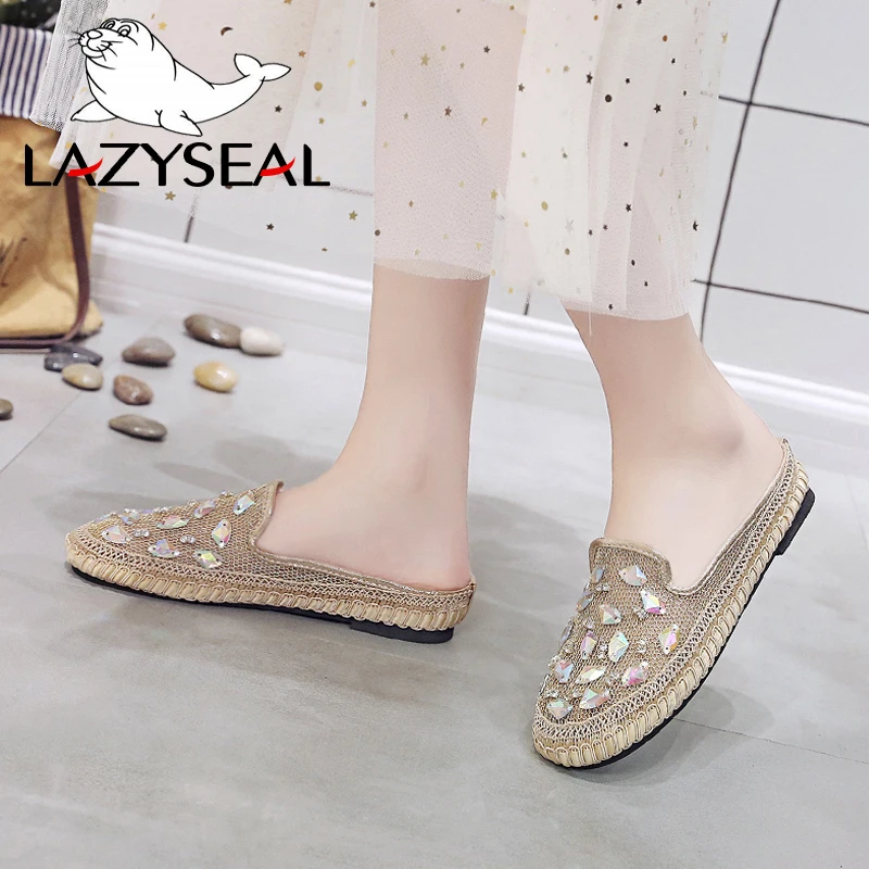 LazySeal; повседневные женские туфли без задника из сетчатого материала на плоской подошве; женские Вьетнамки; женские дышащие шлепанцы с кристаллами; Baotou Mujer Zapatos