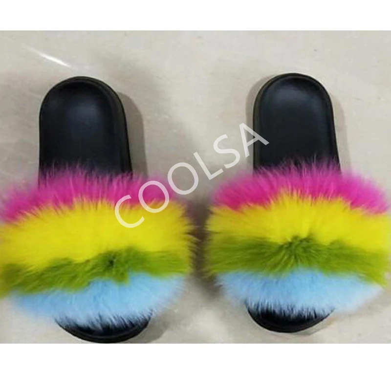 Women's Summer Fur Slippers Indoor Warm Fluffy Plush Home Shoes Woman Real Fox Hair Fur Slides Furry Sandals Female Flip Flops