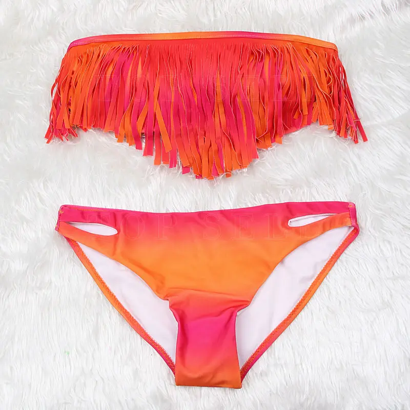 3 Colors Sexy Tassel Strapless Beach Bikini Swimwear Top Fringe Bikini