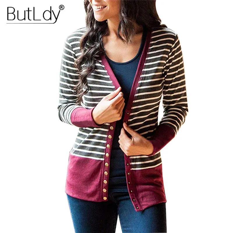 Vente Rayé Patchwork chandail femmes Cardigan automne 2019 col en V boutons survêtement mode élégant tricot manteau ouvert point Top chandail