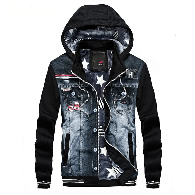 

MORUANCLE Mens Casual Denim Jackets And Coats Fleece Lined Jeans Jacket Outerwear With Removable Hood Patchwork Letter Printed