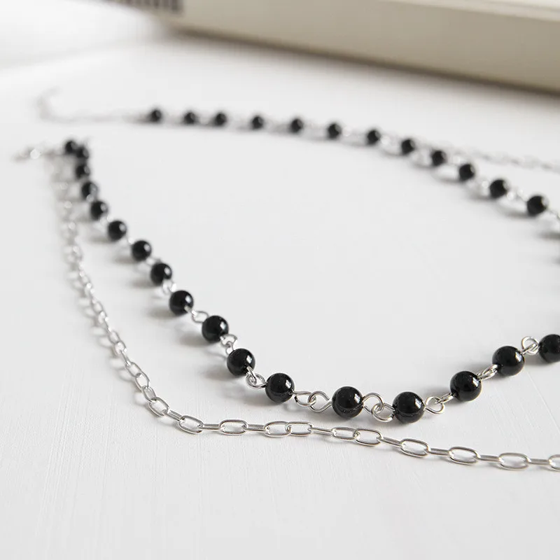 OLOEY ожерелье из черного агата для женщин дамы Настоящее серебро двойной чокер с несколькими слоями ожерелье s хорошее ювелирное изделие подарки YMN079