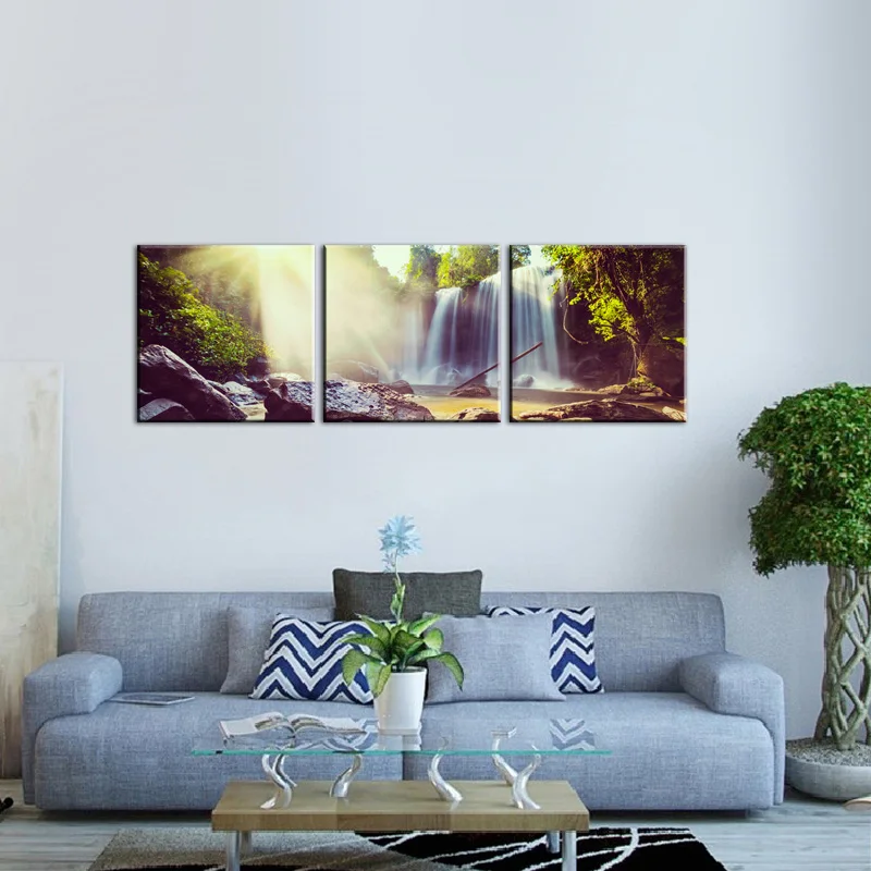 3 Panel Waterfall Art Wall Decor Painting on Canvas, 3D Forest