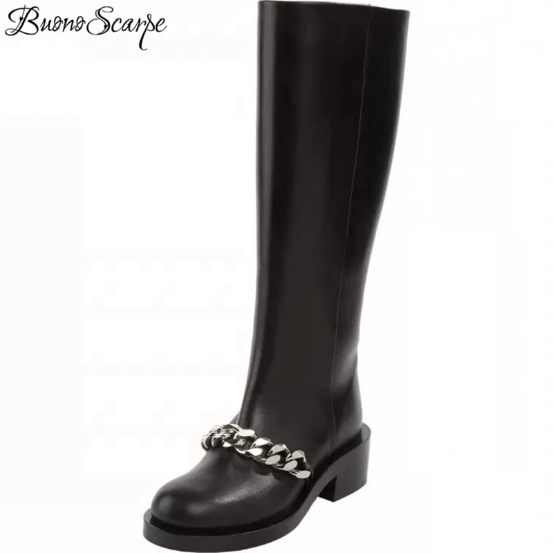 

BuonoScarpe 2019 New Chic Gold Silver Chains Black Boots Women Motorcycle Heels Boots Brand Design Zipper Travel Botas For Girls