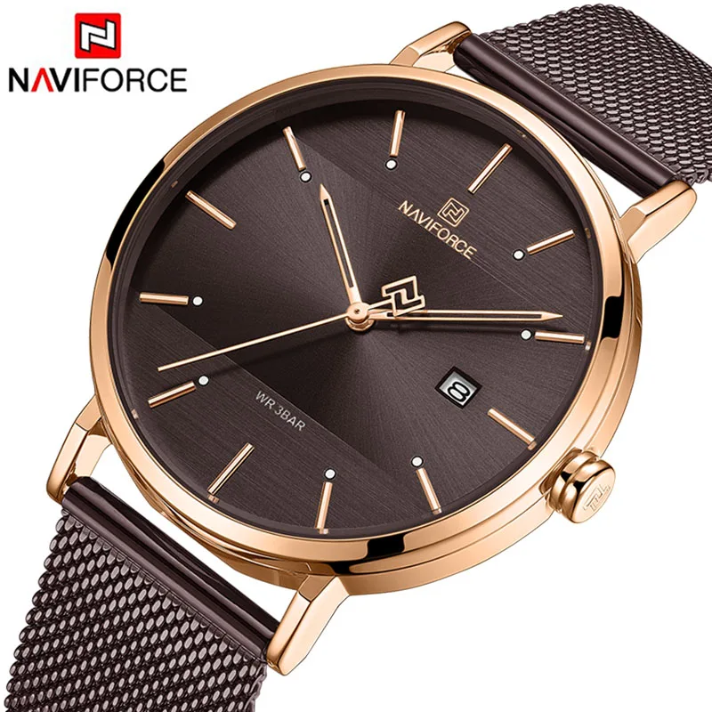 Naviforce Couple Watch Man and Woman Mens Watches Top Brand Luxury Men's Watches Ultra Thin Quartz Watch Women Wristwatch - Цвет: Brown Gold Men