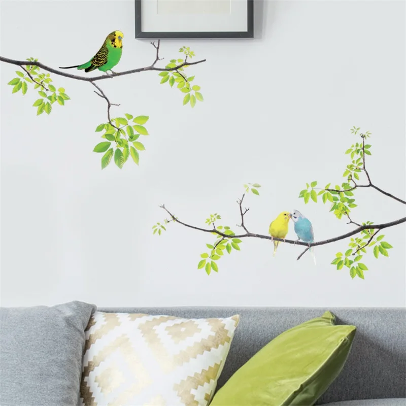3D мультфильм попугай птица на зеленом ветка дерева Наклейка на стену наклейки задний фон из ПВХ Фреска для фона детская комната спальня детская домашний декор