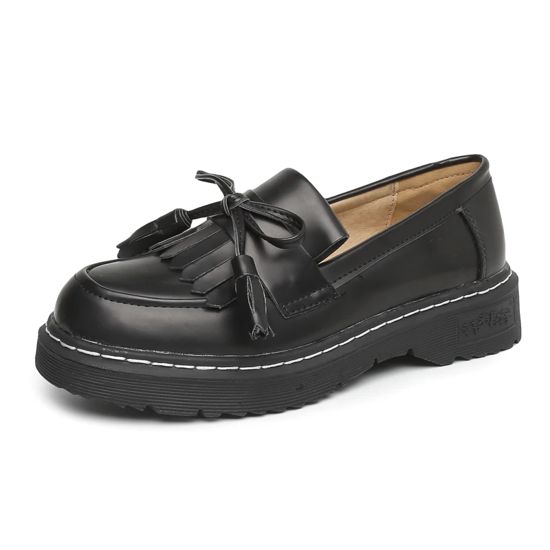 

GOXPACER Women Shoes Vintage Single Shoes British Tassel Slip On Plus Size Leather Flats Comfortable Soft Sole Free Shipping