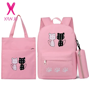 

3 Pcs Backpack Set Girl School Bags for Teenager Children Kawaii Cute Cat Printing Women Backpack Shoulder Bag+Pencil Case