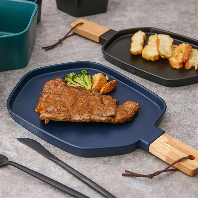 1pc KINGLANG Nordic Style Ceramic Matte Frosted Breakfast plate Natural Wood Handle Hotel House dinner plate Tableware