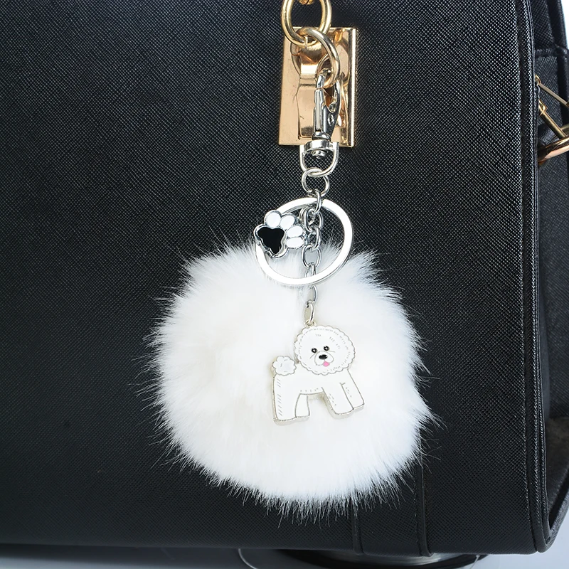 

Rabbit Fur Pompom Bichon Frise Key Chains For Women Men Alloy Pom Pom Ball Dog Pendant Bag Charm Keyring Car Keychain Key Ring