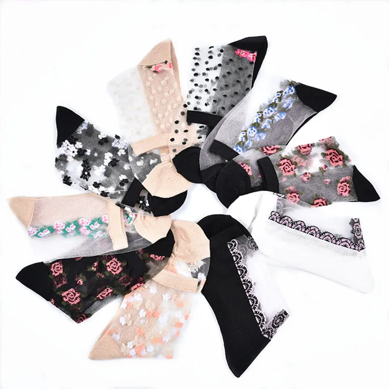 10 Pairs New Women Spring Summer Floral Silk Socks Sweet Sexy Jacquard Transparent Thin Breathable Short Socks