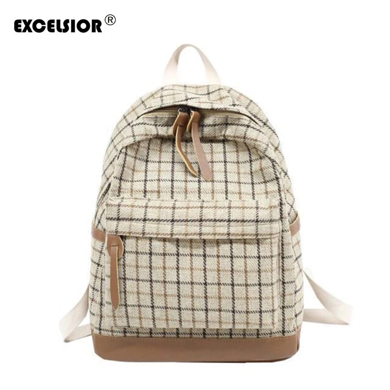 

EXCELSIOR On Sale Plaid School Style Bags Canvas Female Backpack Student Fashionable Bags for Women Large-Capacity Female Bag