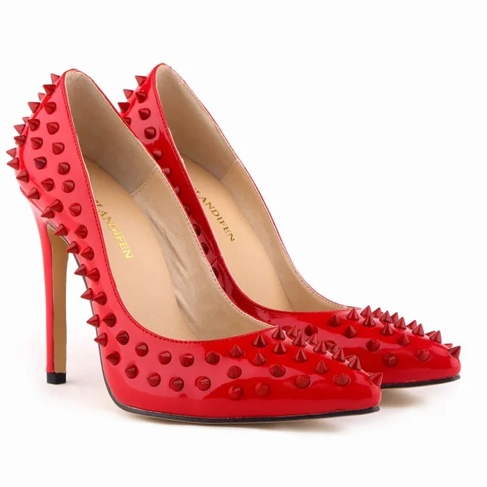 Туфли на высоком каблуке с красной подошвой и заклепками; женские классические туфли-лодочки с острым носком; Туфли на каблуке 11 см с закрытым носком для свадебной вечеринки - Цвет: red