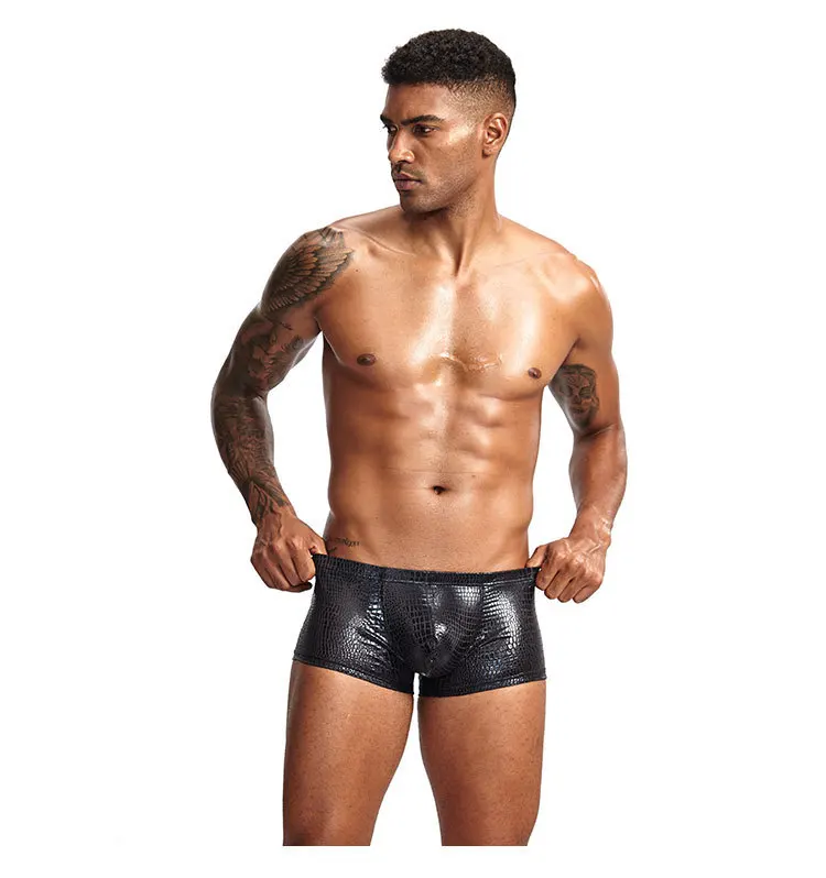 Snake Skin Leather Sexy Mens Underwear Boxers Brand Open Front Crotchless Boxer Shorts Men U Convex Low Waist Male Underpants