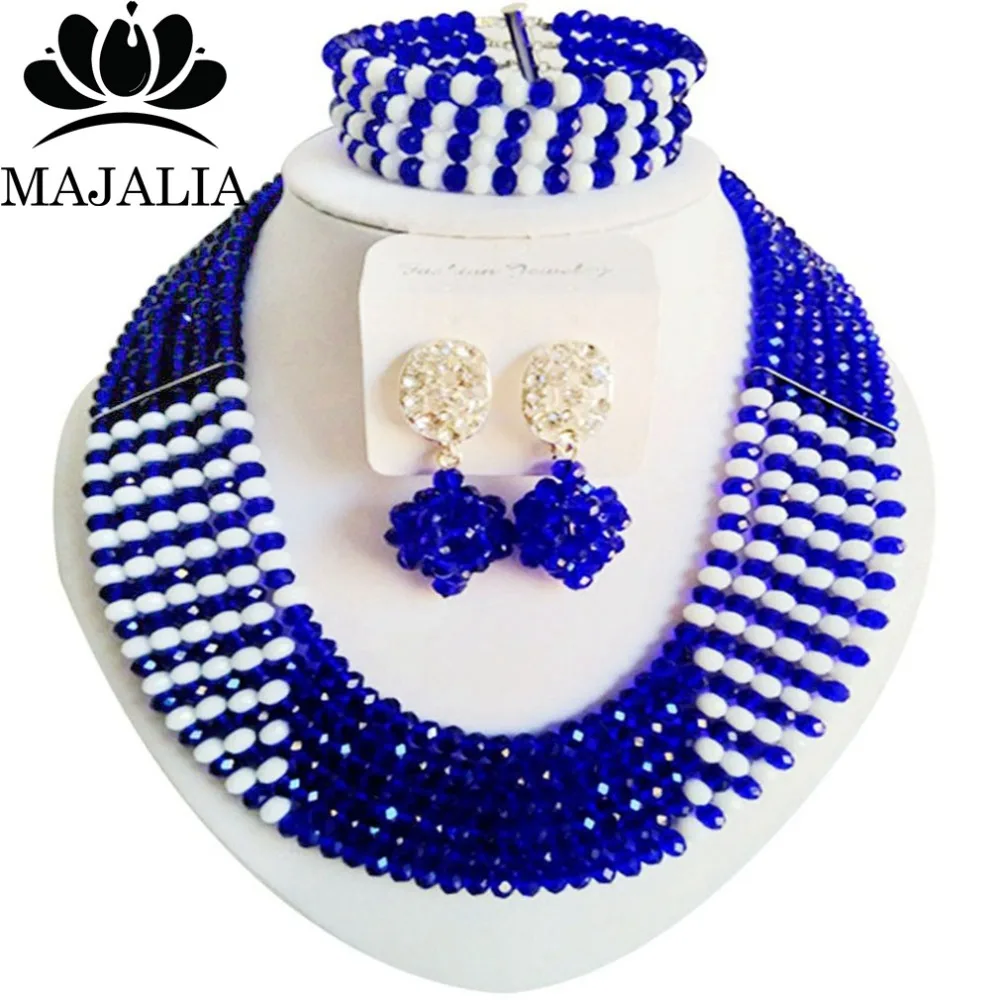 

Majalia Fashion Royal Blue and White Nigerian Wedding African Jewelry Set Crystal Necklace Bride Jewelry Sets 6CF005