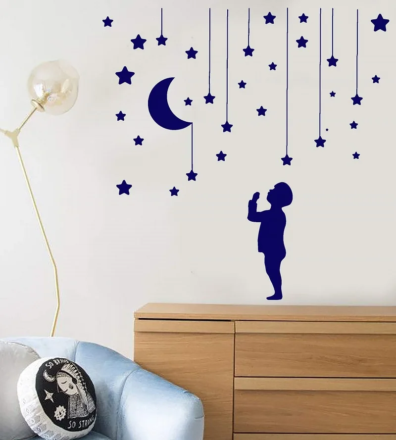 

Vinyl wall applique, stars, moon, little boy, decorative nursery dream sticker, children's room decoration wall sticker ET37