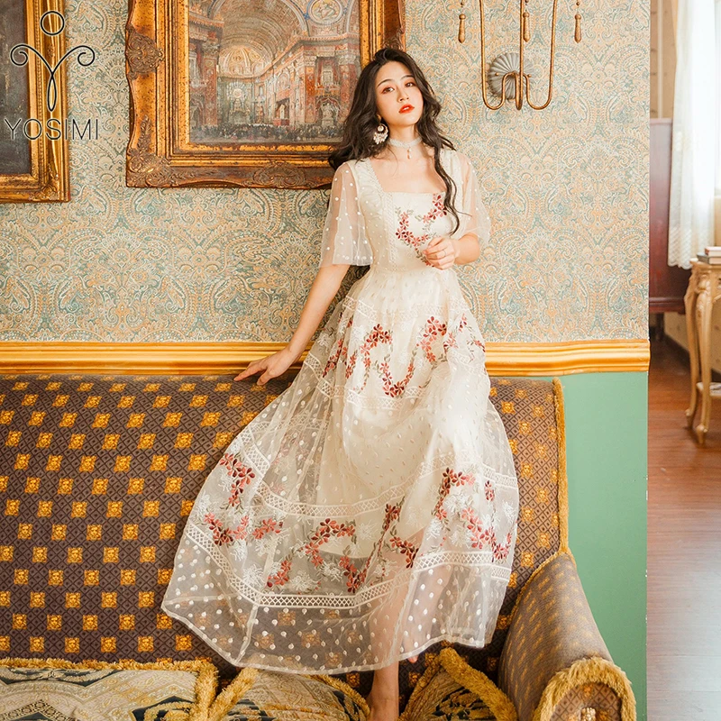 YOSIMI вечерние платья летние макси элегантные розовые вуали с цветочной вышивкой длинное женское платье с v-образным вырезом с длинным рукавом Vestidos