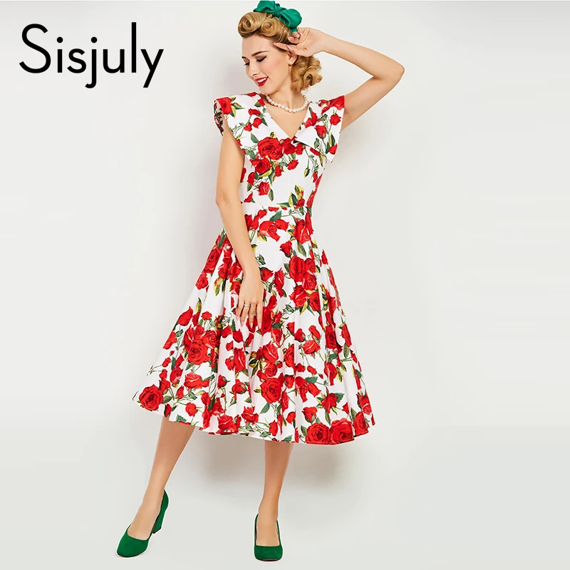 Sisjuly 1950s Women Vintage Dress Summer Red Floral Print Vintage Dress