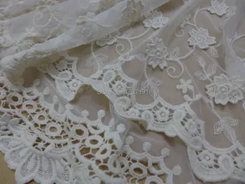 

Vintage Cotton Embroidery Fabric in Beige for Weddings, Dress, Curtains Drapes, Costume Lace Fabric By The Yard