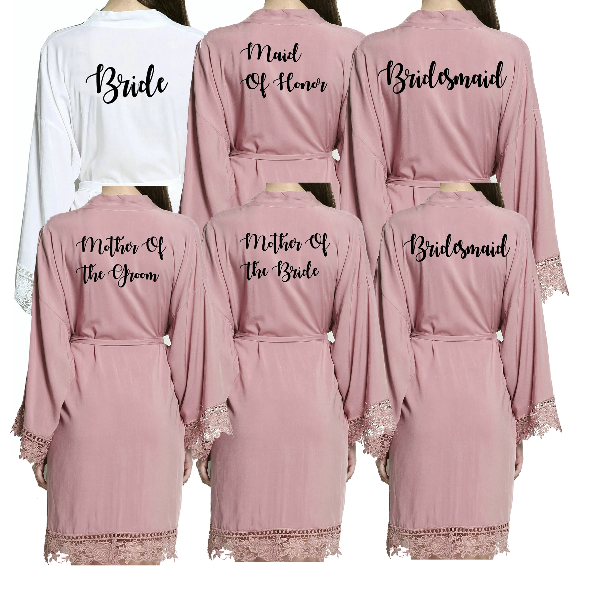 

Owiter New bridesmaid Bride robes Cotton Kimono Robes With Lace Trim Women Wedding Bridal Robe Short Belt Bathrobe