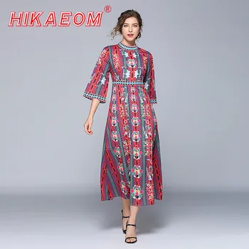 

2019 New Arrival Spring Summer Women A-line Retro Dress High Waist Print Loose Sleeve Vestidos Long Sleeve Vintage Dresses Women