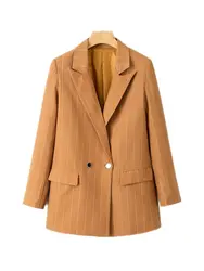 Для женщин полосатый двубортный Блейзер двойной костюмы куртка с карманами куртка офисные женские пальто