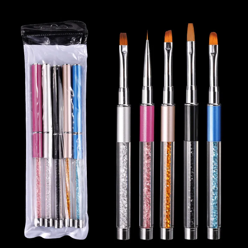 

5pcs/set Nail Art Brush Pen Rhinestone Diamond Metal Acrylic Handle Carving Powder Gel Liquid Salon Liner Nail Brush With Cap