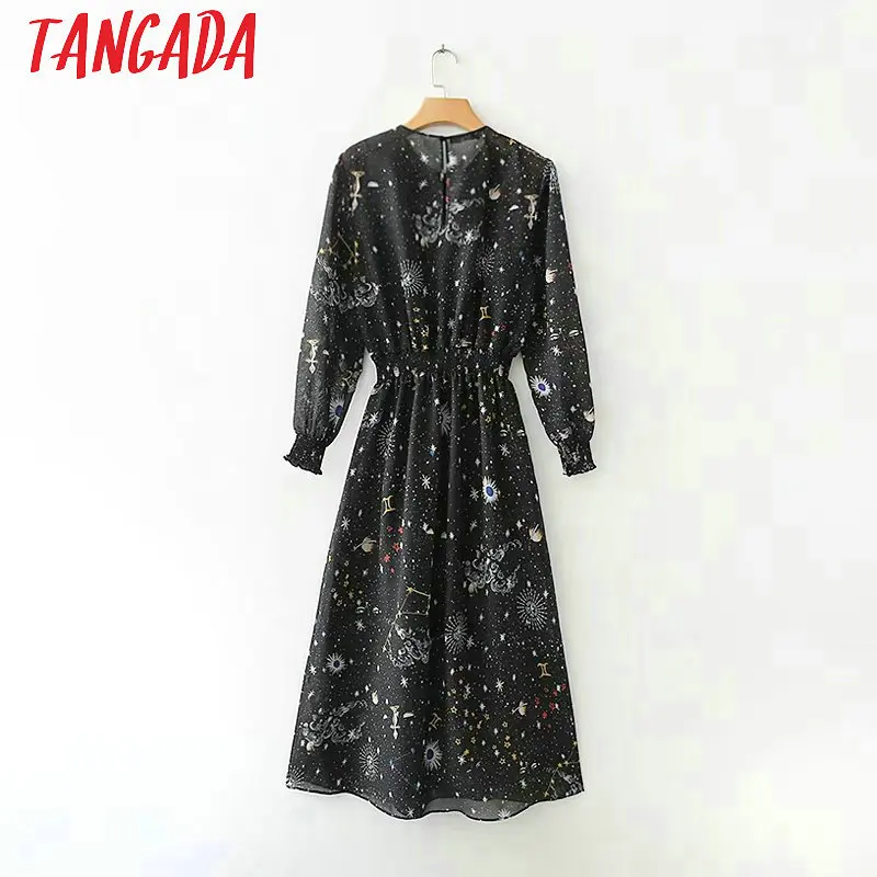 Tangada черное платье с длинным рукавом платье длина миди платье ниже колена платье с дилнным рукавом платье с О-образным вырезом платье с цветочным принтом платье с цветами платье ниже колена XD98