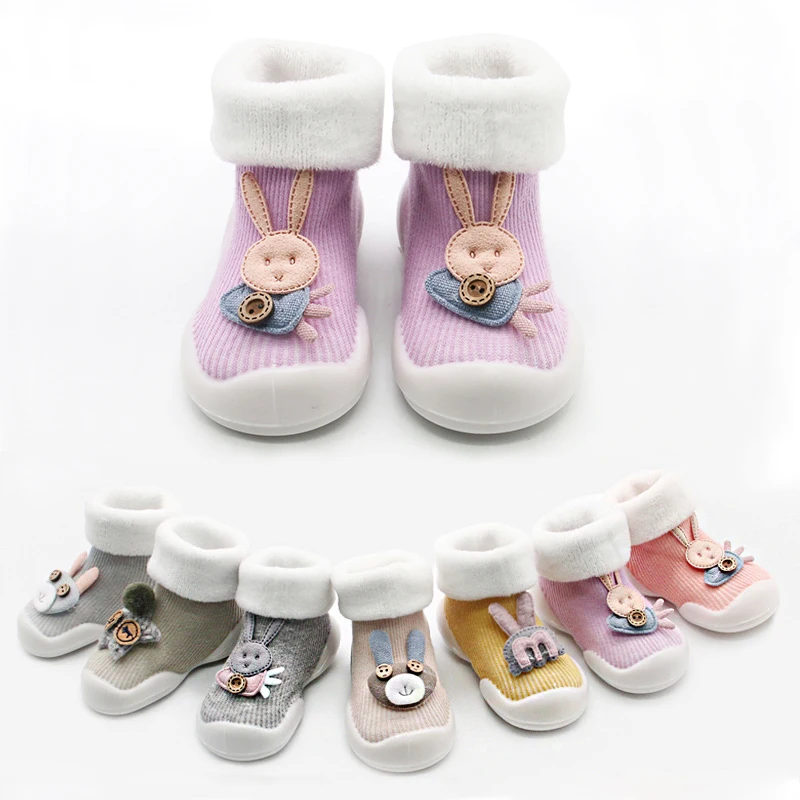 Осенне-зимние Новые плотные детские носки-тапочки с плюшевой подкладкой, 0-36 месяцев, нескользящие носки для малышей с резиновой подошвой, теплые носки с изображением животных