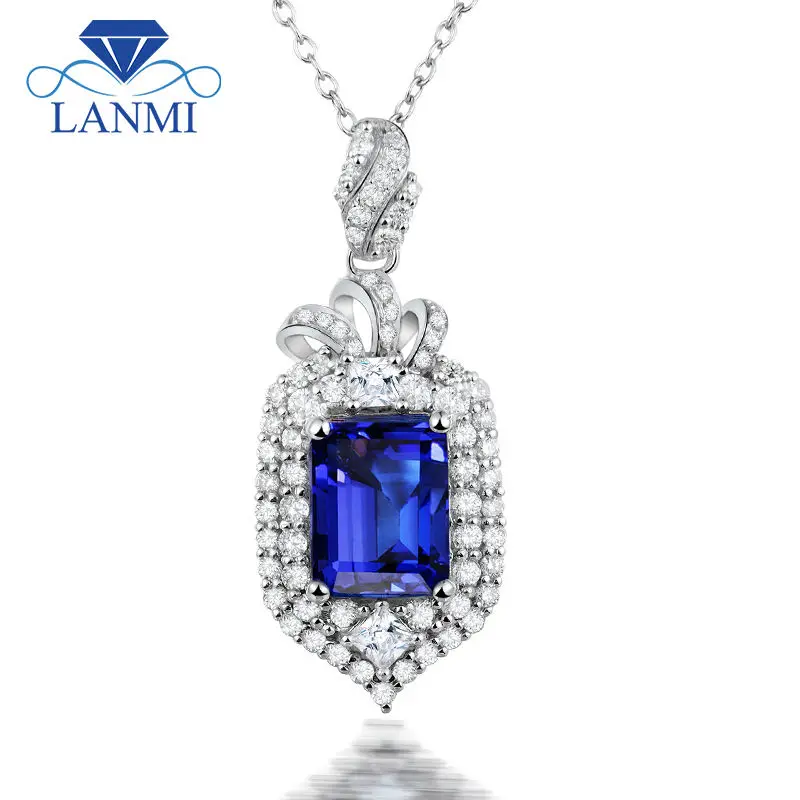 

18K White Gold Pendant Natural Tanzanite Diamond For Wedding Party Emerald Cut 7x9mm Gemstone Jewelry WP071