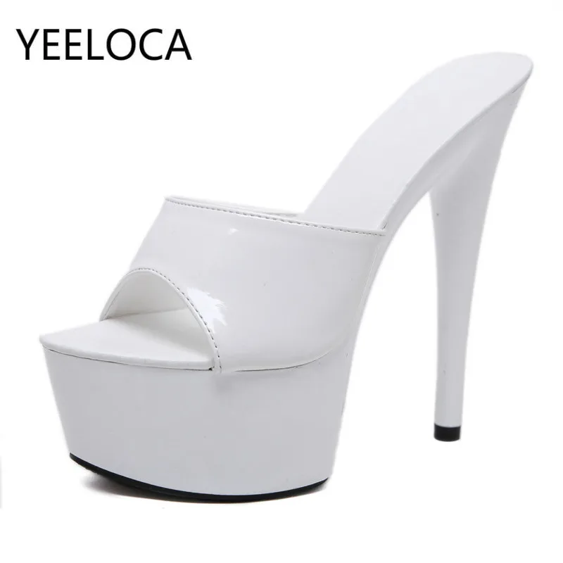 

YEELOCA New Patent Leather 15cm Super High Heel Stiletto Sexy Waterproof Platform High-heeled Sandals Female Summer Slippers