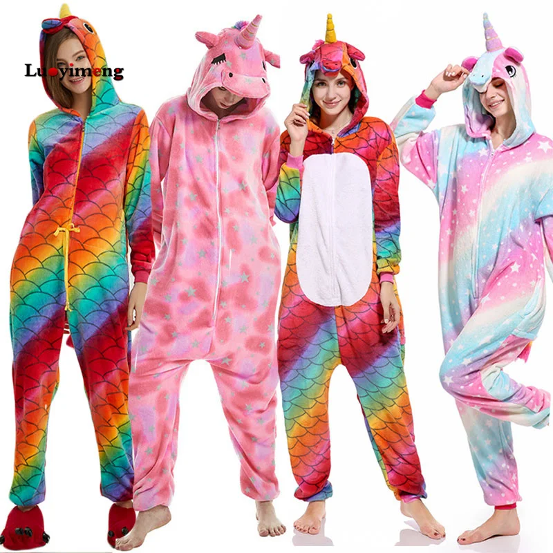

Women's Pijamas New Anime Unicorn Flannel Sleepwear Pajamas Girls Stitch Hooded Onesies Pyjamas Homewear Adult Cartoon Costumes