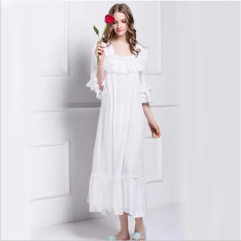 

2020 great quality Nightgowns female summer blue double gauze sweet princess retro palace three quanter sleeve sleepwear w1023