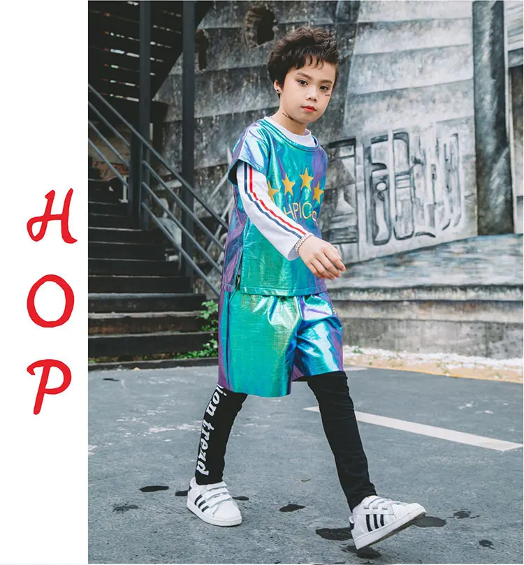 Джазовый Детский костюм для танцев, уличная одежда в стиле хип-хоп кожаная одежда для выступлений для мальчиков и девочек, танцевальная сценическая одежда DWY936