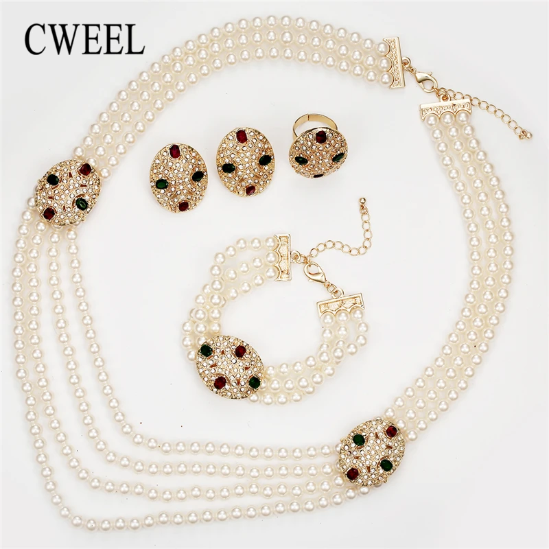 Kaufen CWEEL Perle Schmuck Set Für Frauen Äthiopischen Braut Dubai Indische Hochzeit Kostüm Gold Nigerian Luxus Halskette Schmuck