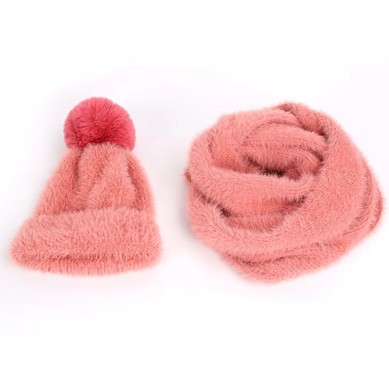 Новинка года, Ангорская шерсть, вязаный шарф, шапочки, шапка, комплект из 2 предметов, зимняя теплая одежда для родителей и ребенка мягкая шапка для взрослых и детей, для девочек - Цвет: Dark pink