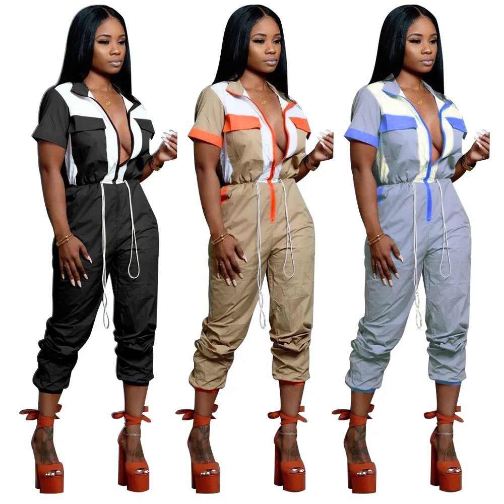 

New Arrived Cool Women Short Sleeves Jumpsuits Cargo Pants Summer Deep v Neck Elastic Waist Sexy Nightclub Jumpsuits Rompers