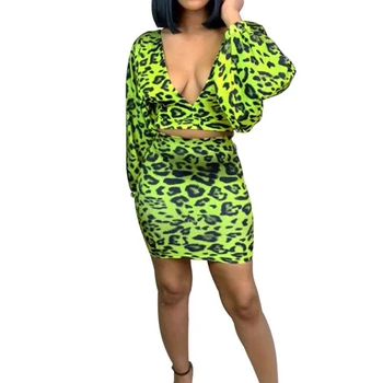 

2019 Leopard Deep V Sexy Skirt Two Piece Sets Lantern Full Sleeve Crop Top Mini Dress Women Nightclub Dress Romper Party Outfits