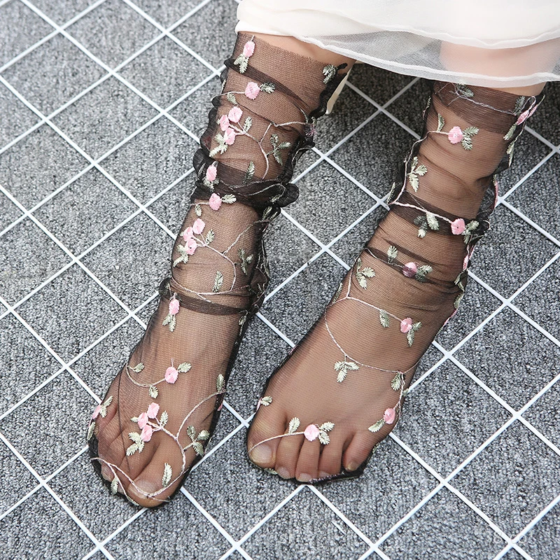 grace flower mesh Transparent Crystal Socks Silk Summer Women Socks wh