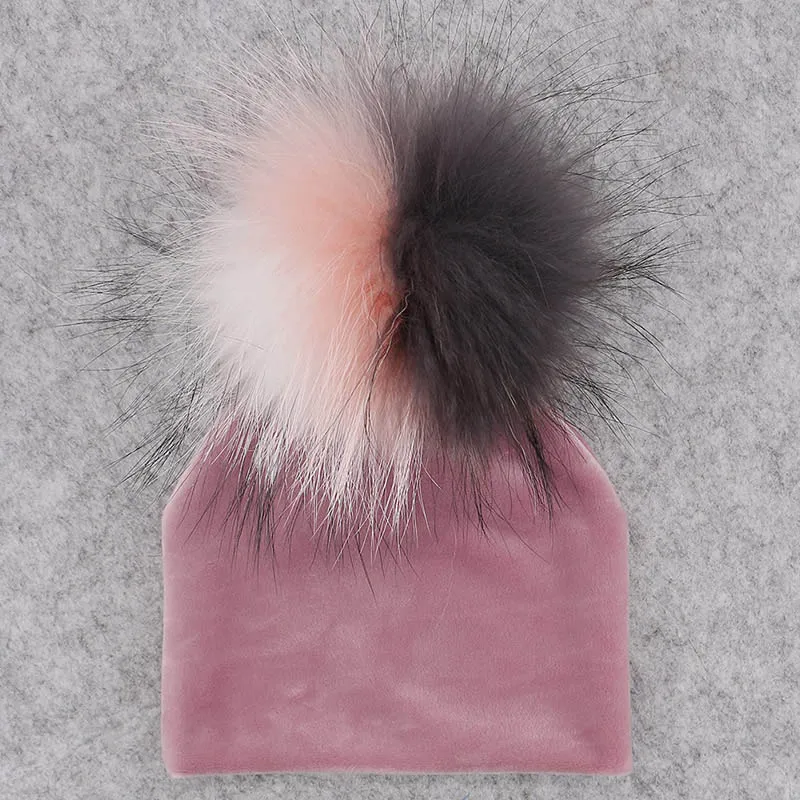 GZHILOVINGL Real Fur Pom Pom Baby Girls Boys Hat Warm Winter Knitted Velvet Hat Toddler Kids Soft Thick Flannel Beanies Pompoms - Цвет: pink No24