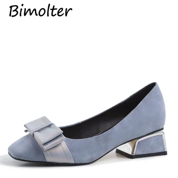

Bimolter Blue Women Sheep Suede Pumps Thick Heels Low Heel Shoes Sweety Dress Casual Comfort Butterfly-Knot Shoes Rubber FC015