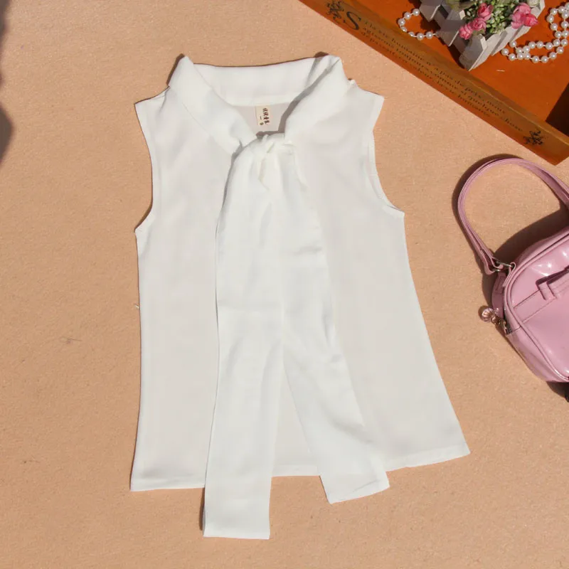 Летняя блузка для девочек-подростков, шифоновые Блузы без рукавов с бантом, школьные топы и блузки для девочек, рубашки для детей JW1506