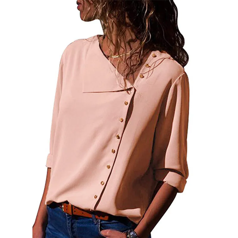 Rogi шифоновая блузка, повседневная однотонная блузка с длинным рукавом, рубашка с отворотом, блузка, рубашка, женская рубашка с необычным воротником, Blusas Mujer De Moda - Цвет: Pink