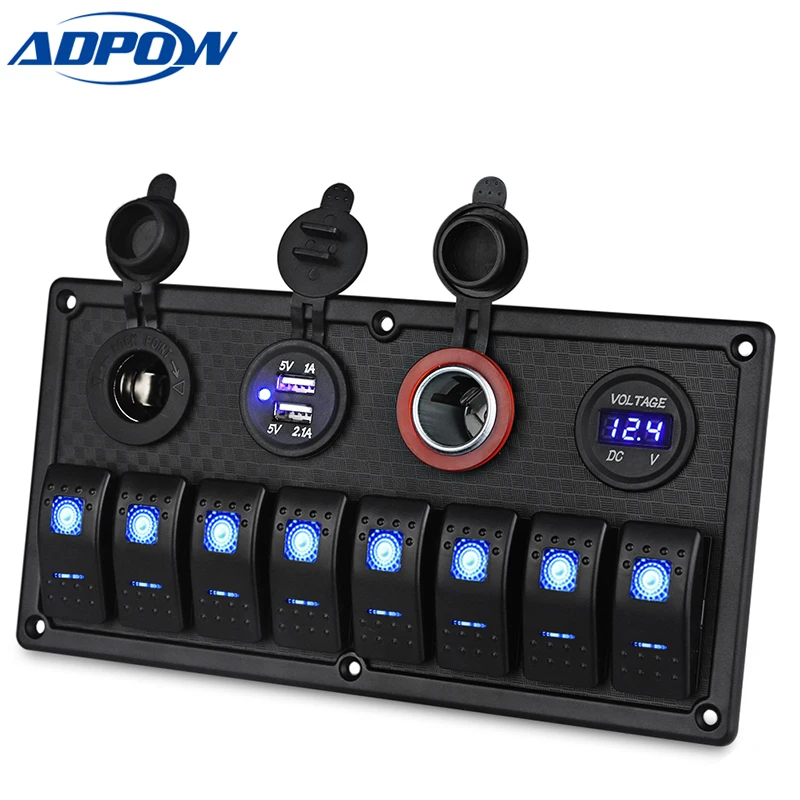 

ADPOW 8 Gang 12-24V Rocker Switch Panel Control Car Marine Boat Voltmeter Dual USB Charging Cigarette Lighter Socket