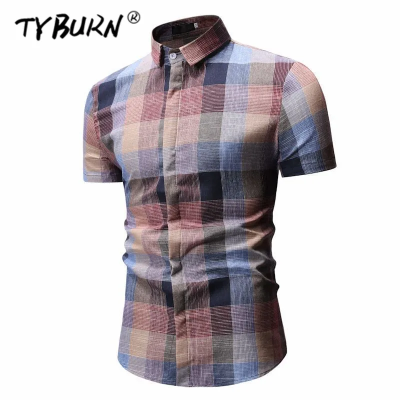

TYBURN Men Plaid Shirt Cotton 2019 Spring Autumn Casual Short Sleeve Shirt Comfort Slim Fit Styles Brand Man Colorful Clothes