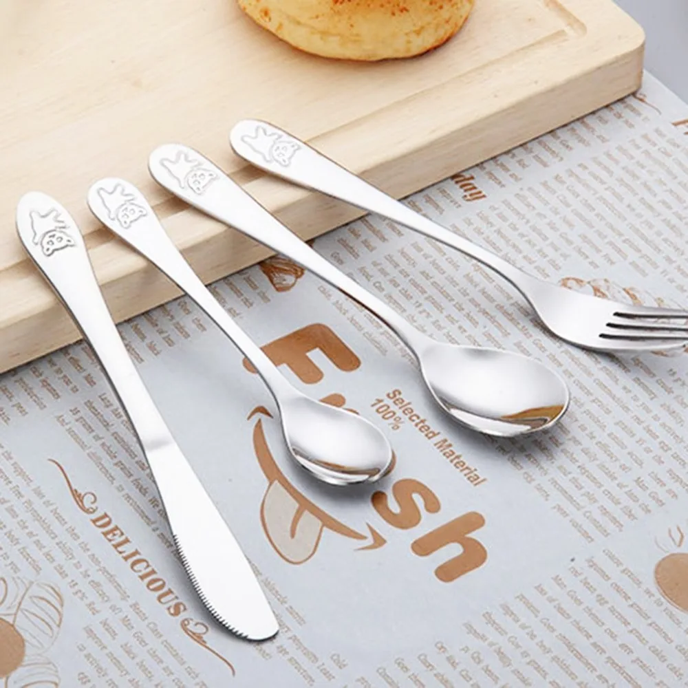 

4pcs/set Baby Teaspoon Spoon Food Feeding Fork Knife Utensils Set Stainless Steel Kids Learning Eating Habit Children Tableware